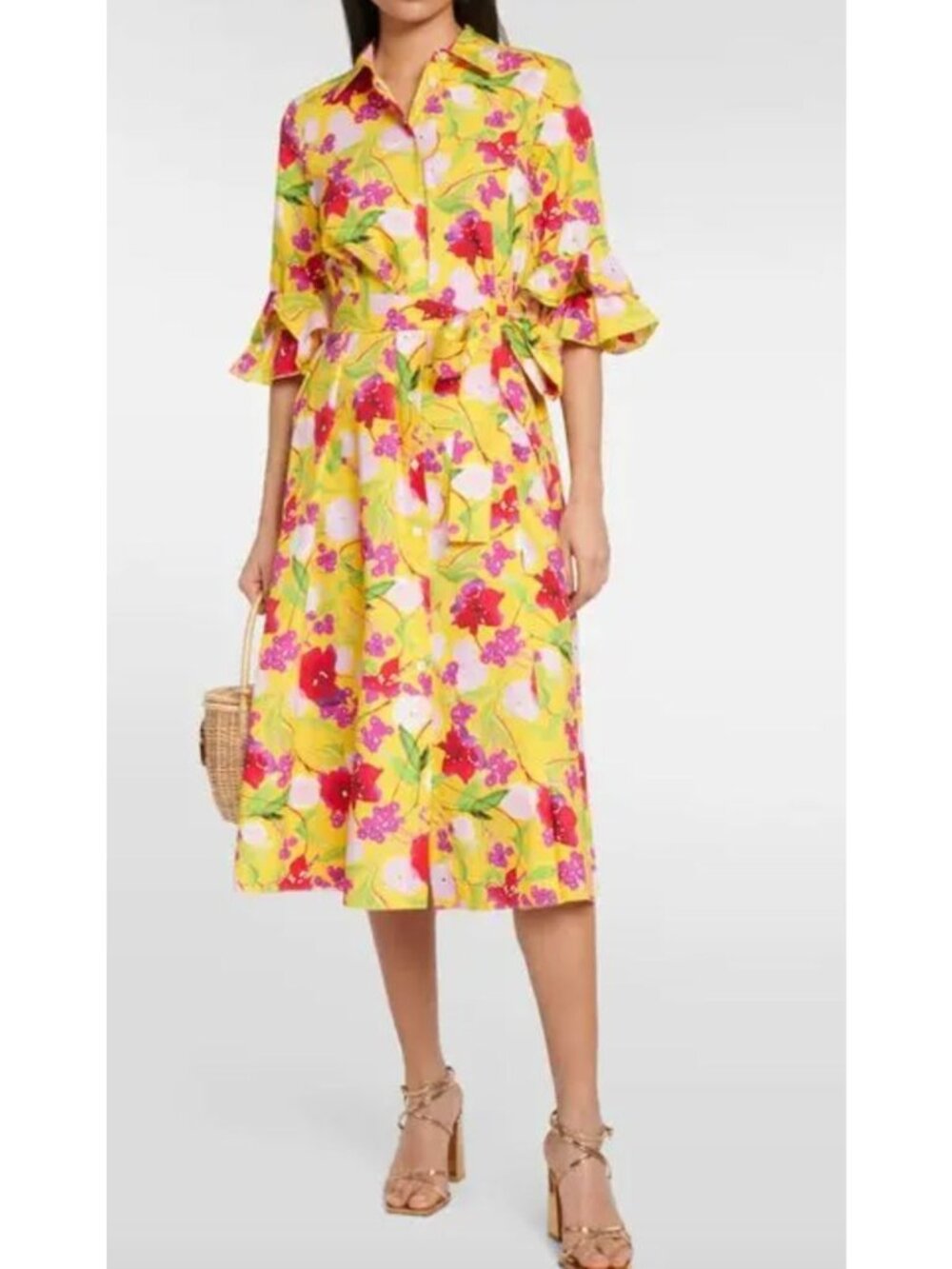 NWT Carolina Herrera Floral-Print Cotton Midi Shirt Dress In Yellow Size 2